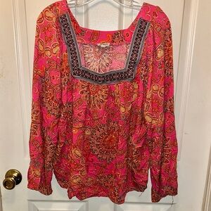 ONE WORLD Women’s Long Sleeve Print Boho Top. Sz 2X.